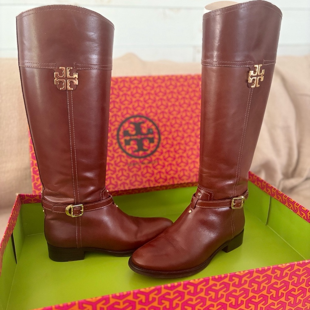 Tory Burch Chestnut Leather Over the Knee Boots